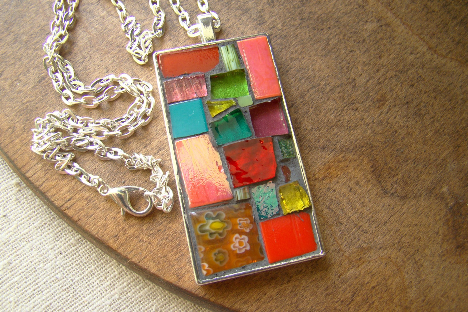Mosaic Art Pendant with Chain: FRUITY Tropical Colorful Mixed Media Assorted Glass and Tile Design OOAK Red Pink Salmon Aqua Green Orange - GeminiMoonMosaics