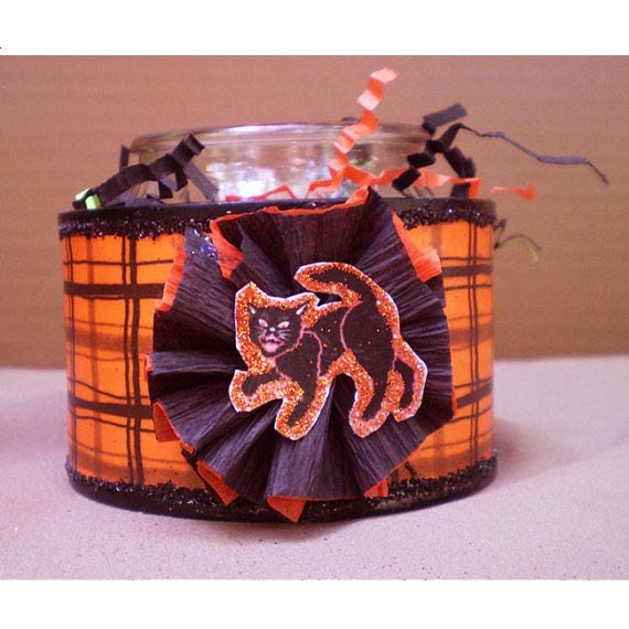 Reserved for Janis-Vintage inspired Halloween decoration retro Black Cat candle recycled tin can old fashioned home decor