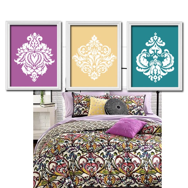 Wall Art Canvas Artwork Purple Yellow Teal Damask by trmDesign