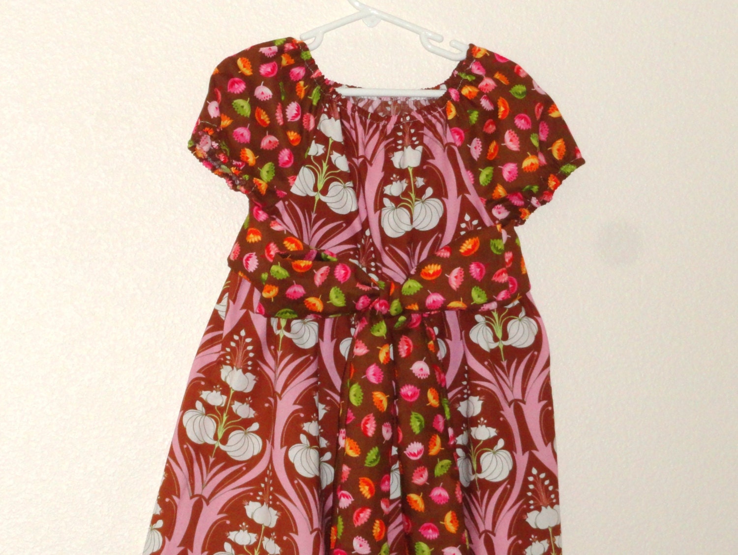 Girls Peasant  Dress Short Sleeve with sash Autumn Blossom 5 6 7 8 - Amievoltaire