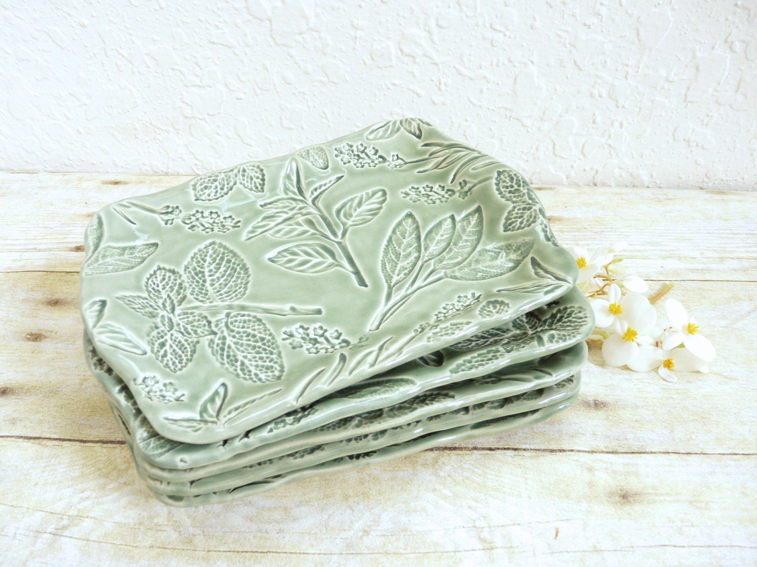 Ceramic Trays Set of Five Herb Garden Dishes Pottery Sage Green Basil Mint Lavender Sage