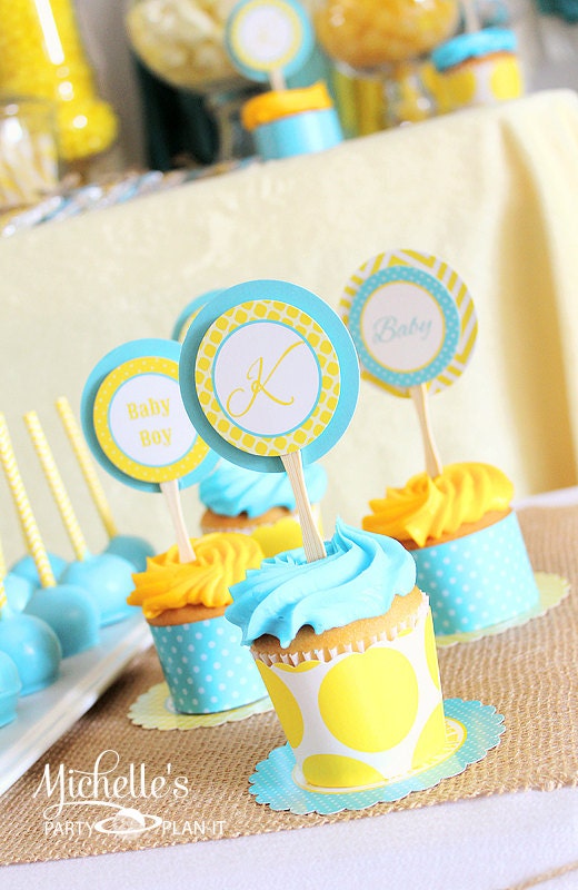 Set of 12 Yellow Aqua Baby Shower cupcake Toppers Il_570xn