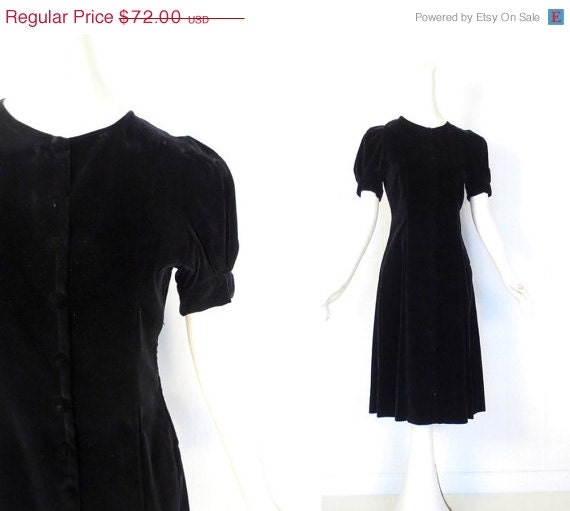 20% off sale Black 40s Dress / Black Velvet Dress / 1940s Black Dress / XS S