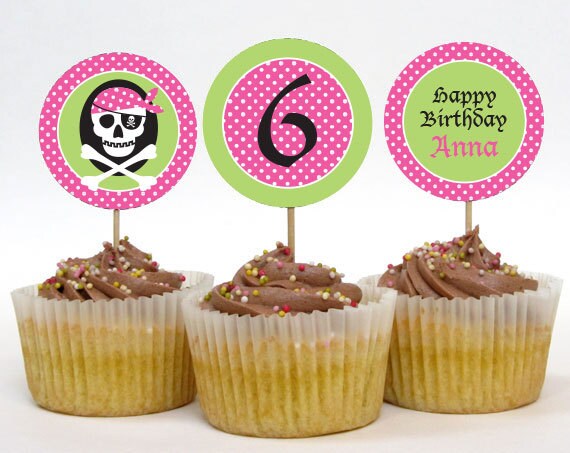 Pirate Skull Pink Cupcake Toppers or Party Circles Personalized Printable (Digital File) Il_570xn
