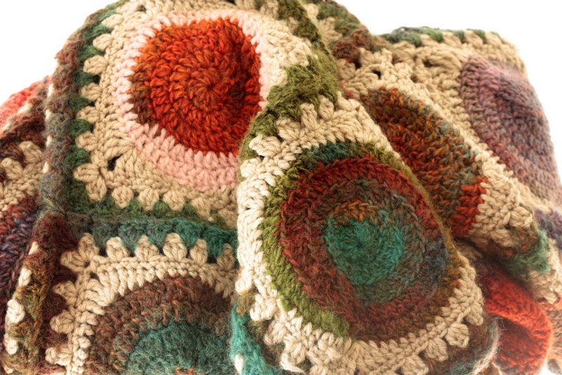 Hand Crocheted Wool Blanket, brown, oatmeal, greens, browns, pinks - ChocolateDogStudio