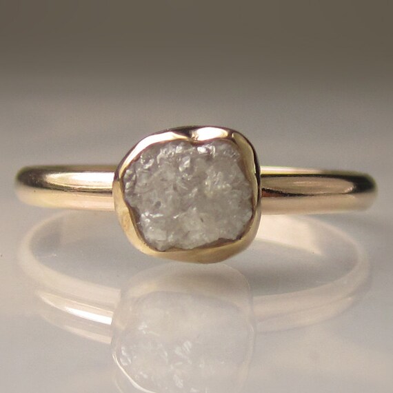 Raw White Diamond Engagement Ring - 14k Yellow Gold