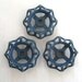 3 vintage valve handles, blue faucet handles water knobs, industrial blue faucets, old round industrial metal faucet handles, set of 3, 247A