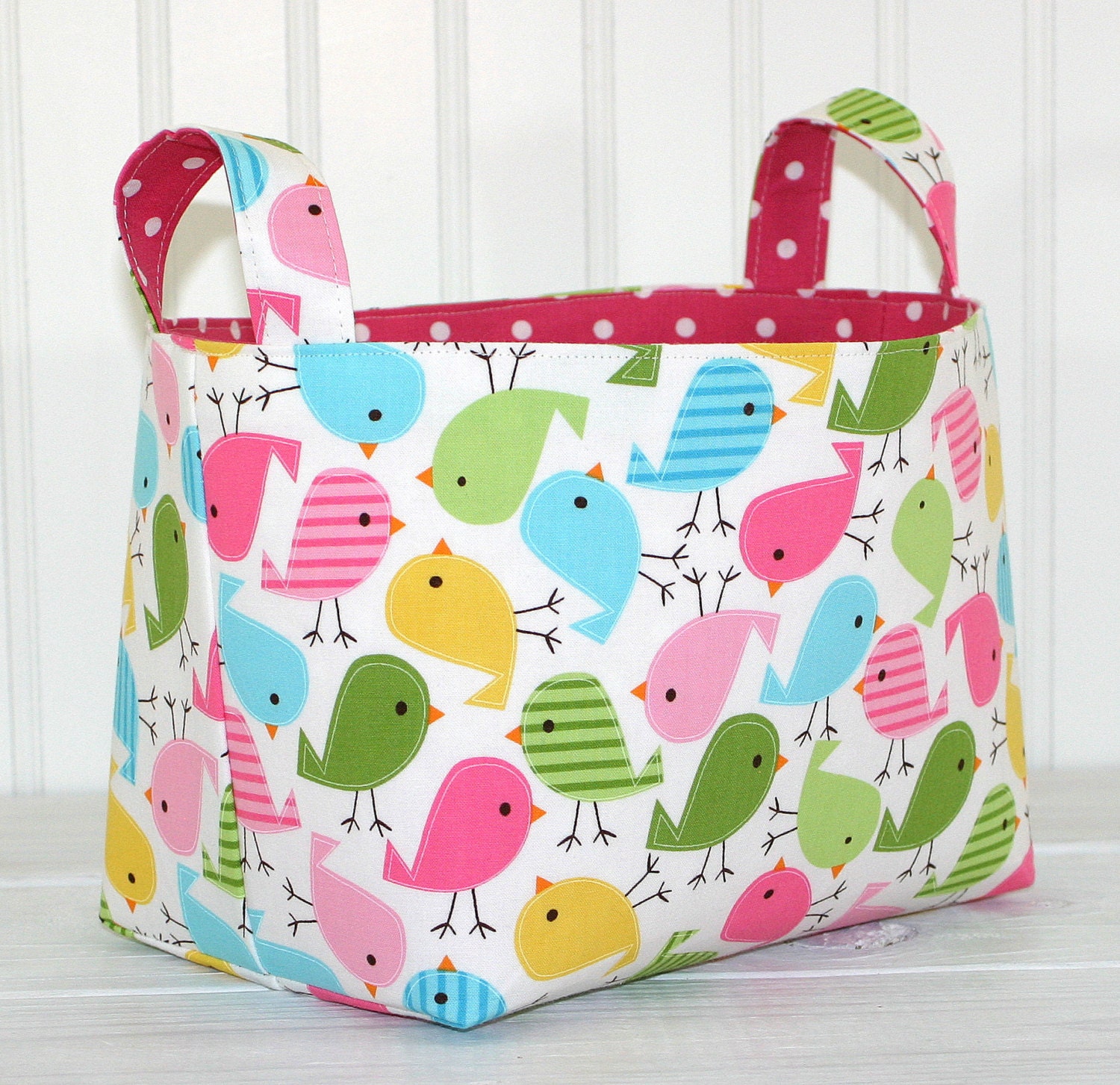Organizer Basket, Storange, Fabric Bin, Baby Girl Nursery, Nursery Decor, Pink Birds, Spring Birds - Whimsical Birds - Ready to Ship