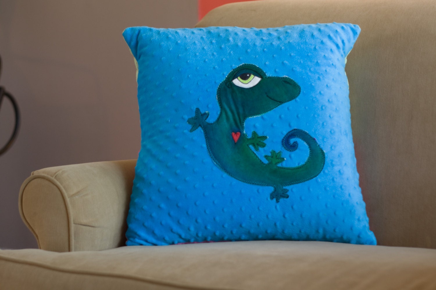 Custom Appliqued Pillow on Minky dot gecko lion bird octopus bedroom bedding apartment soft cozy - LittleBirdbygrace