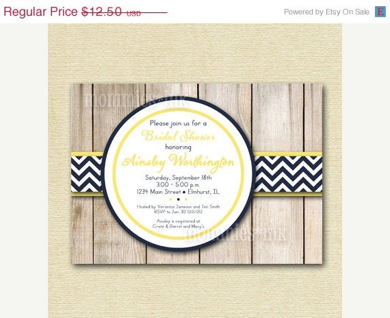 10% Off Holiday Sale Wood Grain Fence with Chevron Accent Bridal Shower Invite - Navy Blue and Yellow - PRINTABLE INVITATION DESIGN Il_570xn