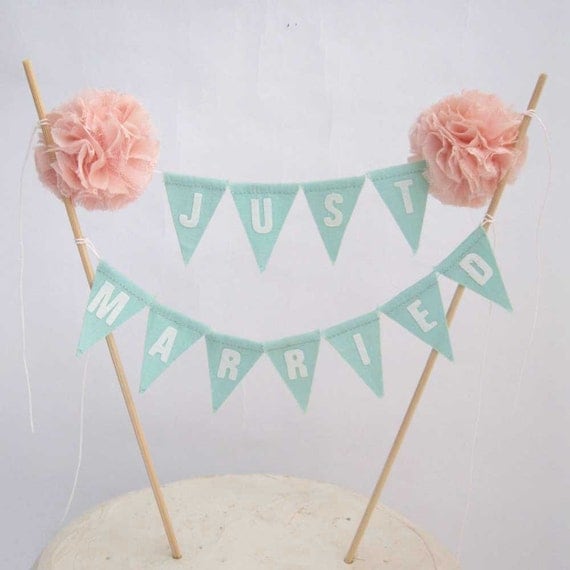Cake topper, wedding, Mint, Blush Pompom flower "Just Married" Banner B203 - shabby chic cake bannerwedding