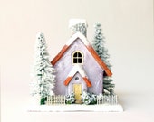 Fairy Putz Christmas Village House - Miniature Lavender Pearl House - Winter Scene with Snow Covered Trees and Base - bewilderandpine