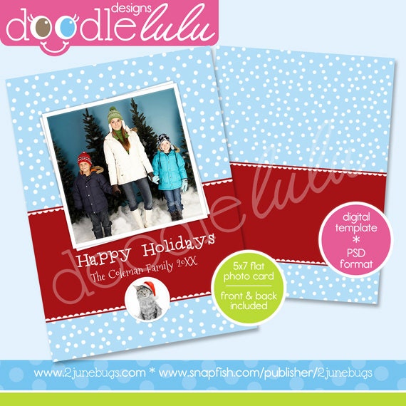 INSTANT DOWNLOAD Digital Printable 5x7 Snowy Blue Red White Christmas Card Photo Card Template (Photoshop) PSD by Doodlelulu by 2 june bugs Il_570xn