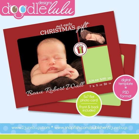 INSTANT DOWNLOAD Digital Printable 5x7 Christmas Baby Announcement Photo Card Template (Photoshop) PSD by Doodlelulu 2 june bugs Il_570xn