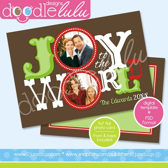 INSTANT DOWNLOAD Digital Printable 5x7 Brown Joy to the World Christmas Photo Card Template (Photoshop) PSD by Doodlelulu 2 june bugs Il_570xn
