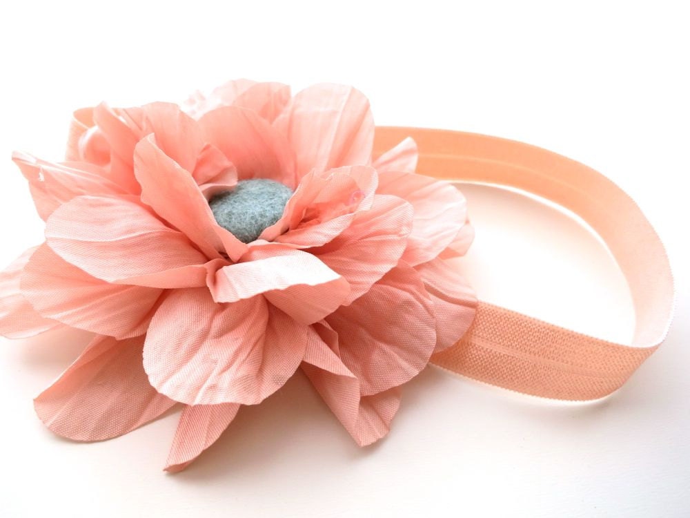 Fleurtatious Headband Hair Band for Baby - Fabric Flower Dahlia Magnolia Blossom - Felt Button - Fall Trends Coral Pale Peach Aqua Teal Blue - nattybratty
