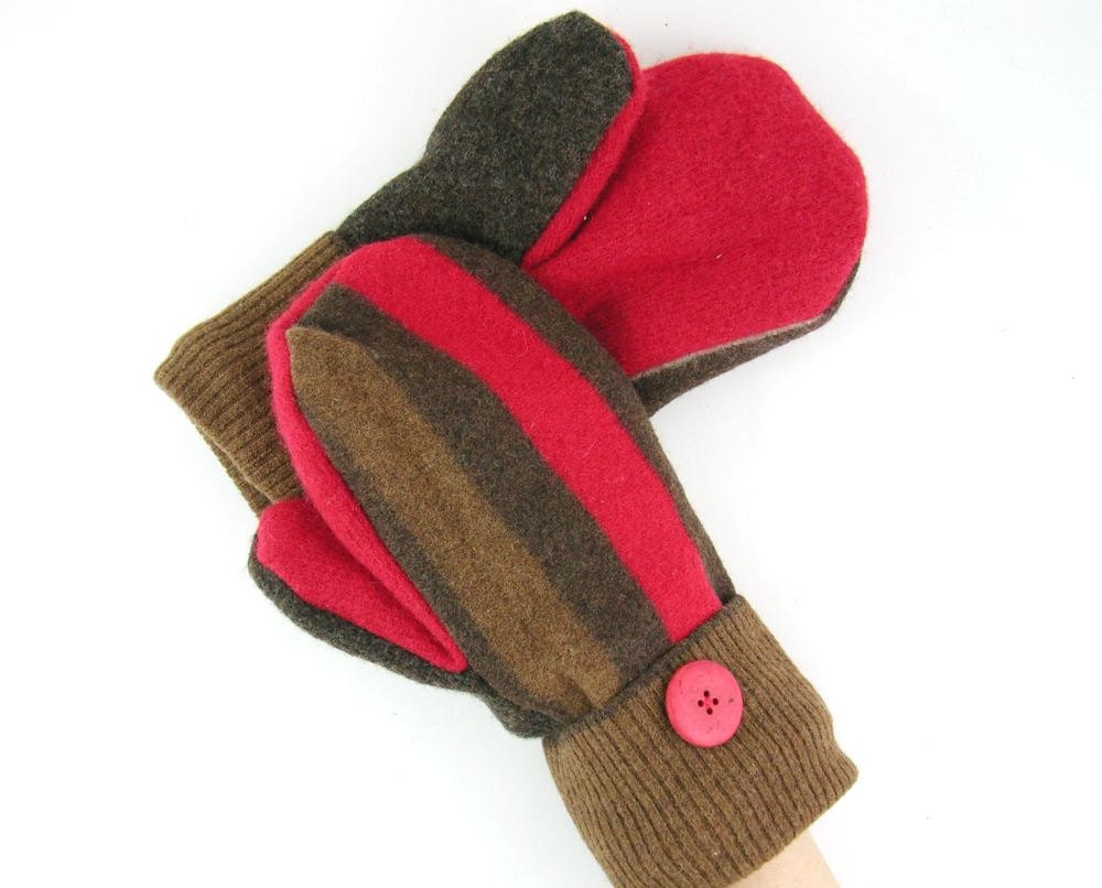 Full Mittens Winter Mittens Recycled Wool mitts Mittens Eco Friendly Mittens warm Sweaters Mittens Brown red striped lined teamt tagt team
