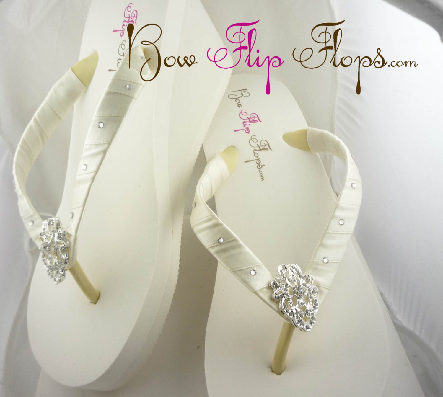 Bridal Wedge Flip Flops Ivory Lace Rhinestone Bling Satin White Jewel ...