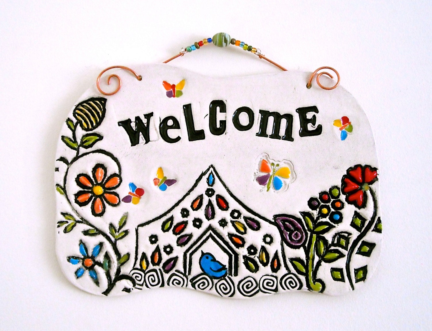 WELCOME Wall Hanging Plaque - HandMade Letterpress Stamped Home, Flowers & Blue Bird of Happiness Eco Greeting Sign - New House Warming Gift