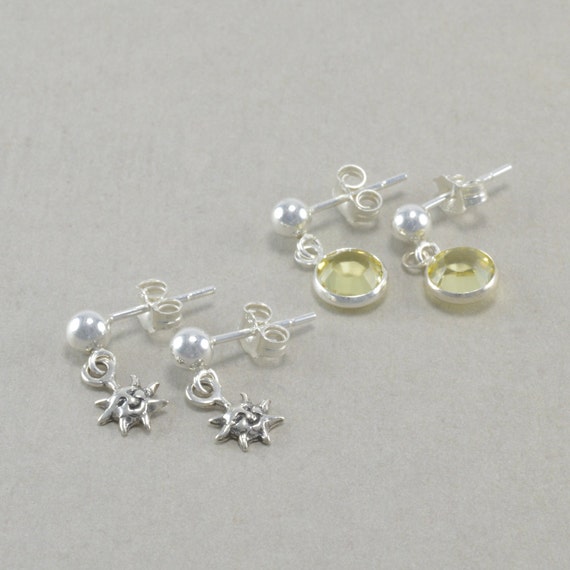 Little Girls Earrings, Sterling Silver, Sun, Yellow Crystals, small ...