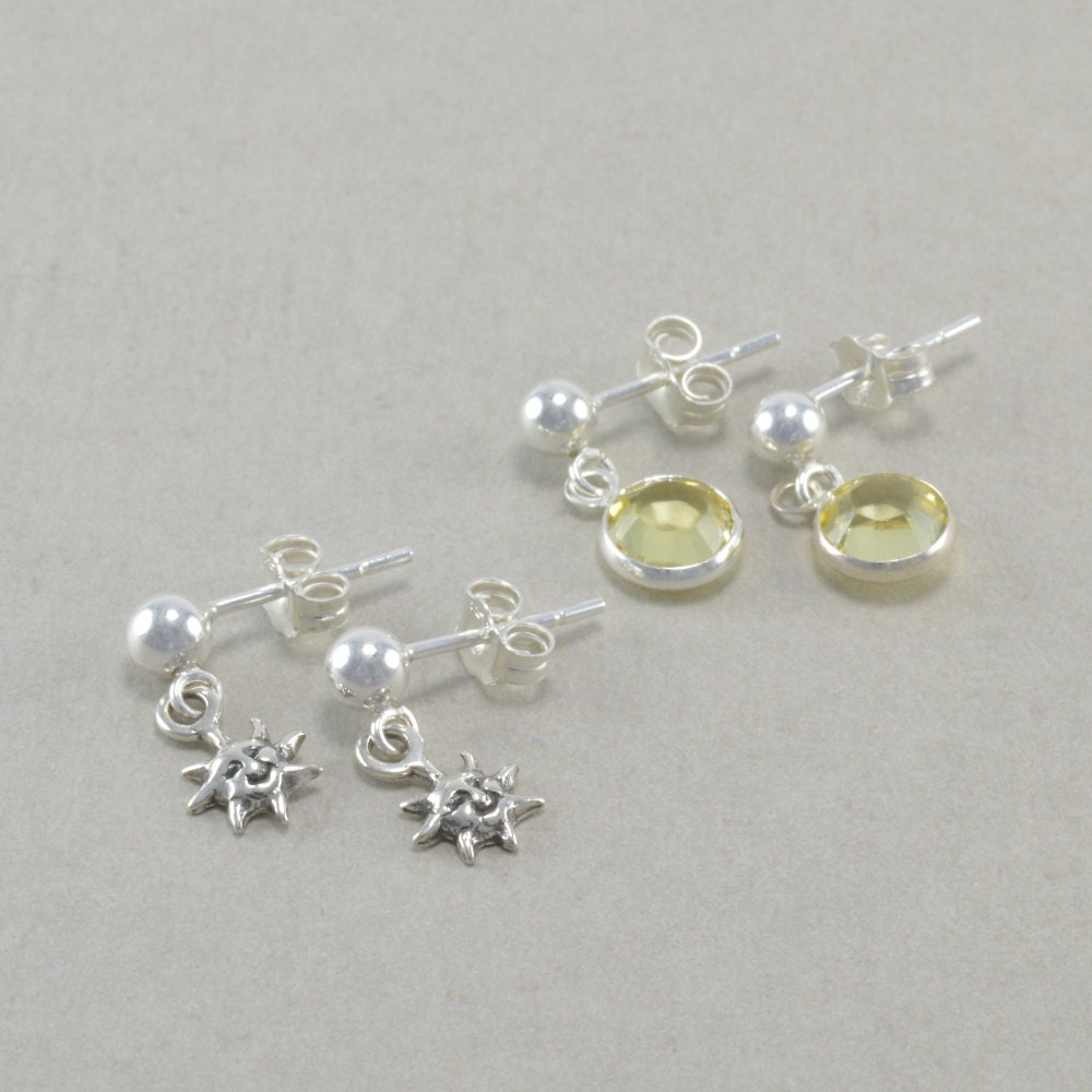 Little Girls Earrings, Sterling Silver, Sun, Yellow Crystals, small ... Little Girls Earrings, Sterling Silver, Sun, Yellow Crystals, small ...