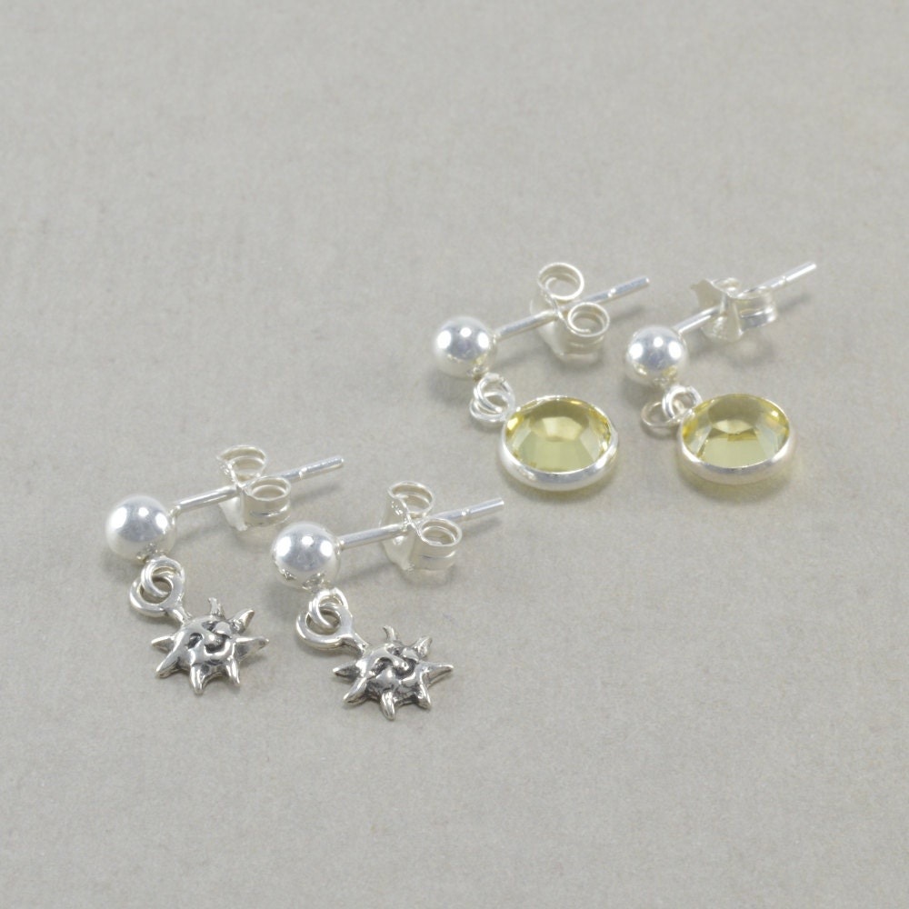 Little Girls Earrings, Sterling Silver, Sun, Yellow Crystals, small ...