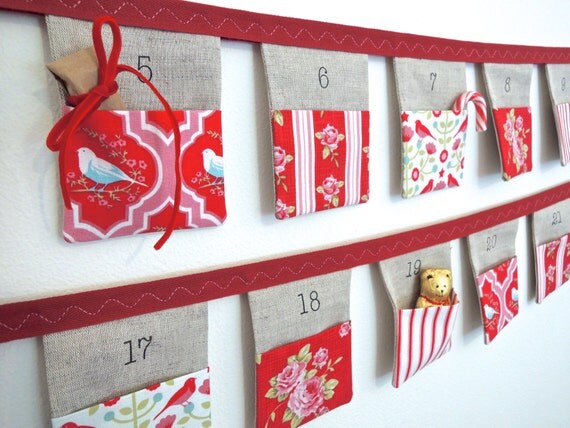 The ORIGINAL Christmas advent calendar bunting 24 linen flags with beautiful Tilda 'Christmas House' pockets Made To Order FREE uk SHIPPING Il_570xn