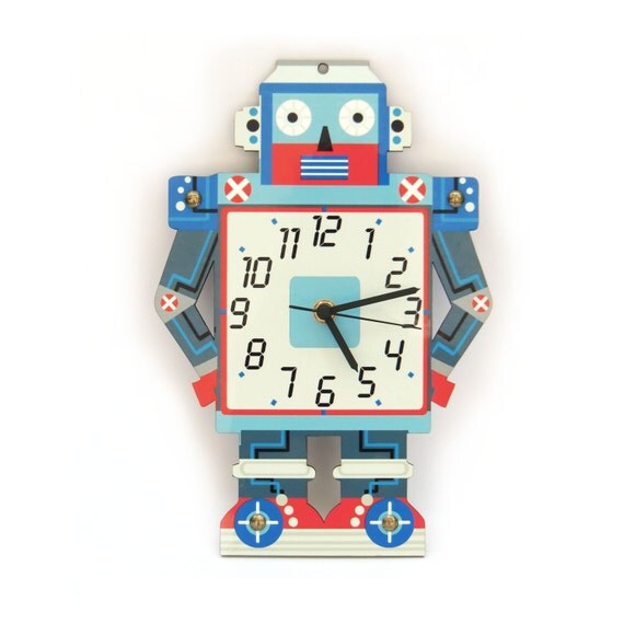 Wall Clock for Boys room Blue and Red. Robot clock by GalaStudio