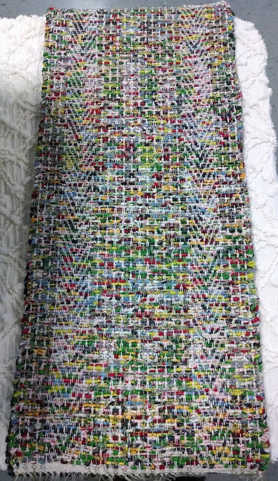 Bright colored handwoven table runner rag rug by BackPorchCountry