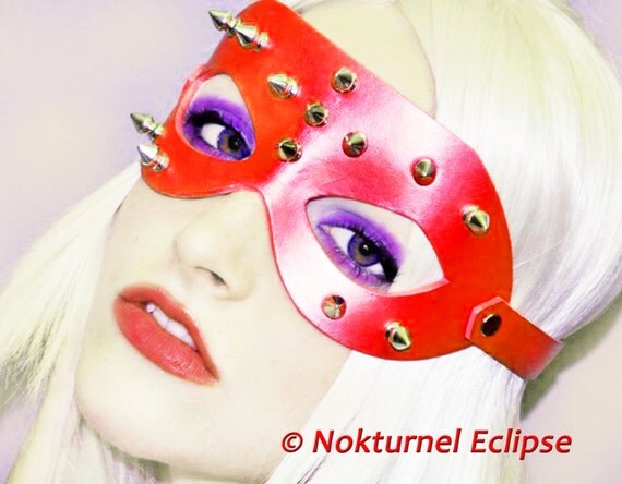 Red Spiked Leather Mask Half Inch Spikes by NokturnelEclipse