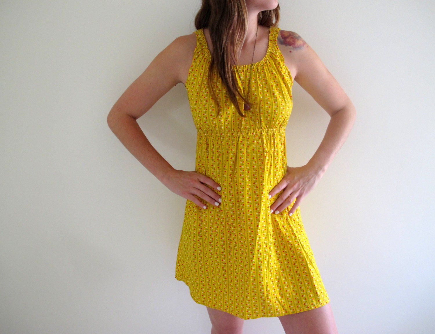 Vintage Yellow Mini Dress Sundress Summer Prairie Polka Dot Hearts ... Vintage Yellow Mini Dress Sundress Summer Prairie Polka Dot Hearts ...