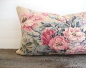 Lumbar Pillow Cover Barkcloth Shabby Floral Bouquet 12 x 20 - theCottageWorkroom