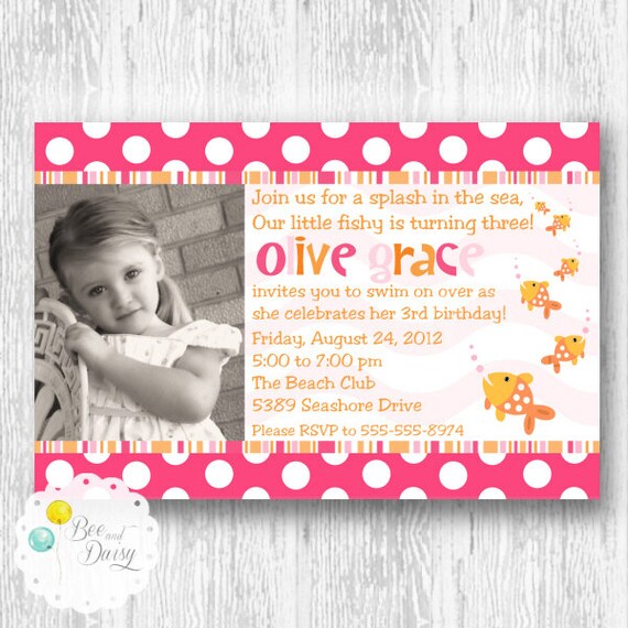 Goldfish Invitation for Birthday Party or Baby Shower - Girls Pink Fish DIY Printable Photo Invite by BeeAndDaisy Il_570xn