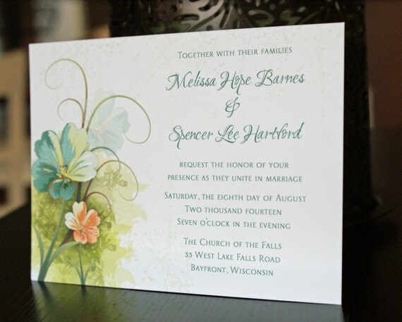 Printed Teal Blue Green and Peach Floral Wedding Invitation and RSVP Card - Digital Version Available Il_570xn