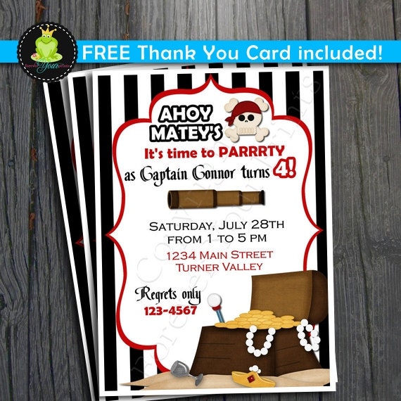 Pirate Birthday Invitation - FREE Thank You Card included Il_570xn