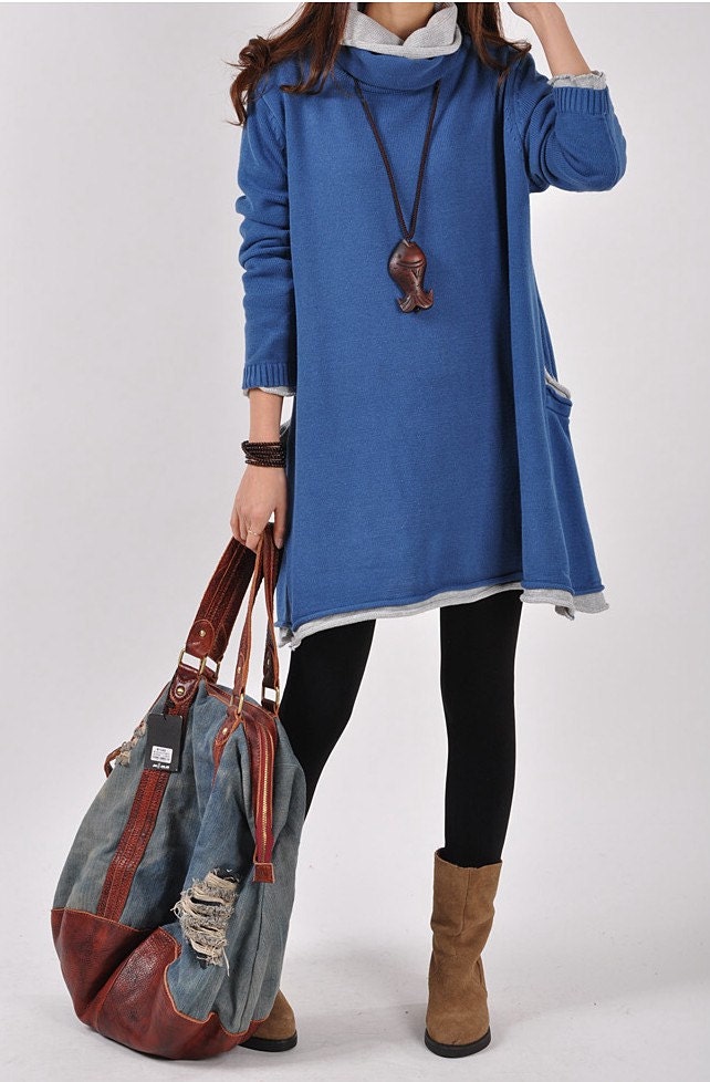Casual Long Sleeved Sweater Dress Knitwear Shirt Blouse- Blue - deboy2000