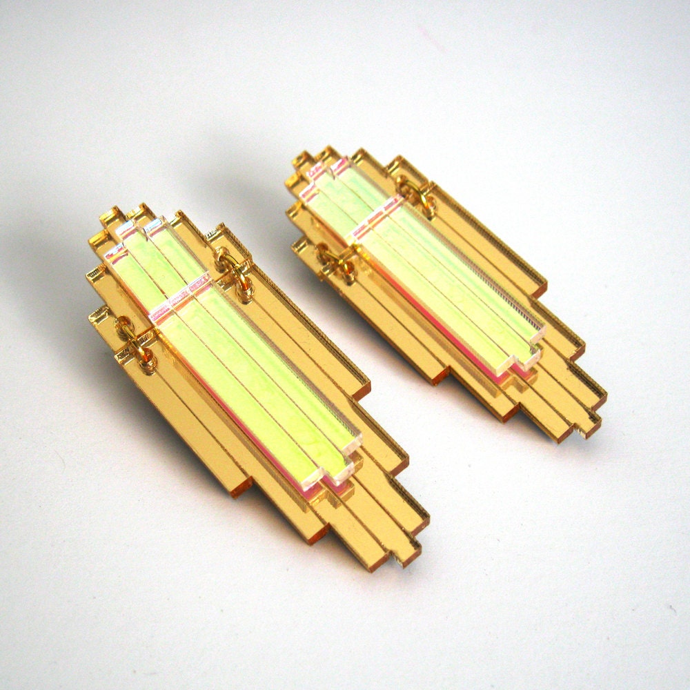 Art Deco Statement Earrings - Iridescent Gold Mirror Laser Cut Jewel Acrylic Perspex