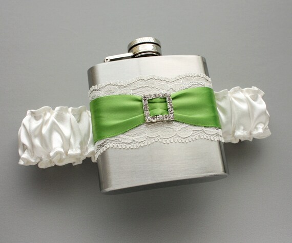 Ivory & Green FLASK GARTER with Rhinestone by MoonshineBelle