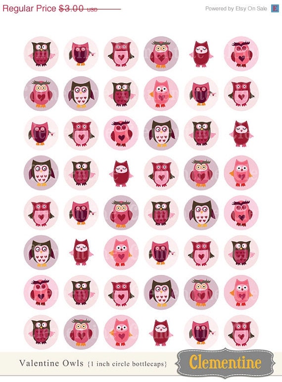 40% OFF SALE Valentine bottle cap images, owl bottlecap images, one inch circles - Digital collage sheet- Instant Download Il_570xn