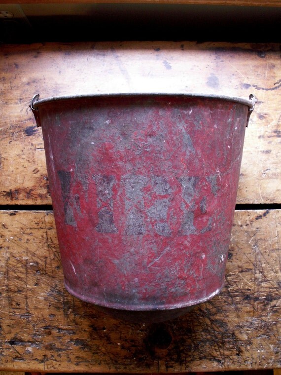 Antique Red Metal Fire Bucket Great Outdoor Decor by CopperAndTin