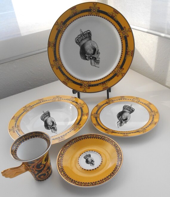 5piece Yellow /Gold Skull Dinnerware Set by AngiolettiDesigns