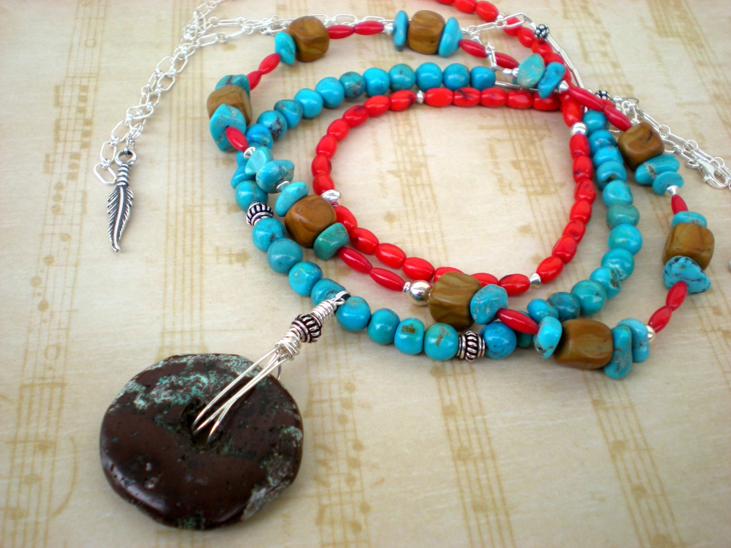 Campfire songs trio of beaded necklaces, turquoise, red coral, sterling silver, picture jasper, unique jewelry by Grey Girl Designs on Etsy - greygirldesigns