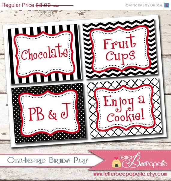 ON SALE Olivia-Inspired Food Tents / Labels - DIY Printable Party Decorations - Choose Your Colors - Girls Birthday Parties Il_570xn
