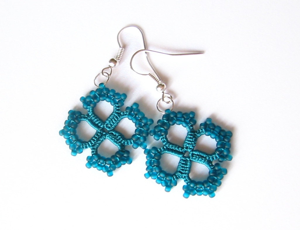 Teal Tatted lace earrings with glass beads Teal jewelry Deep turquoise earrings with square motifs - LandOfLaces