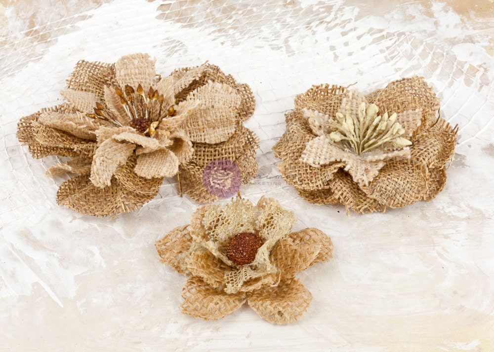 Prima fabric flowers La Tela Natures Love-  571146 - layers brown & tan vintage style canvas fabric flowers with embellished centers (3 pcs)