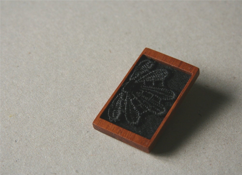 Black Lace Bloom on Black Felt Wooden Brooch, Lace and Mahogany Series