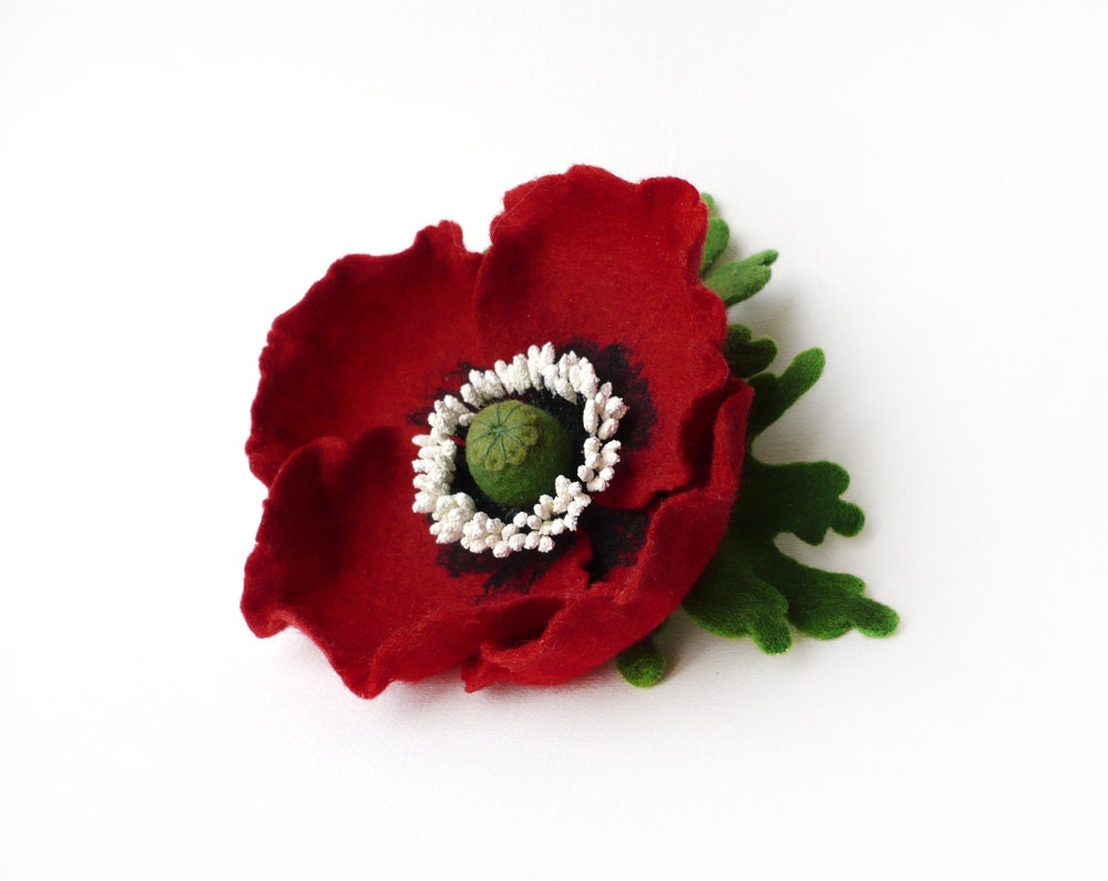 Felted Brooch Dark Red Poppy ready to ship