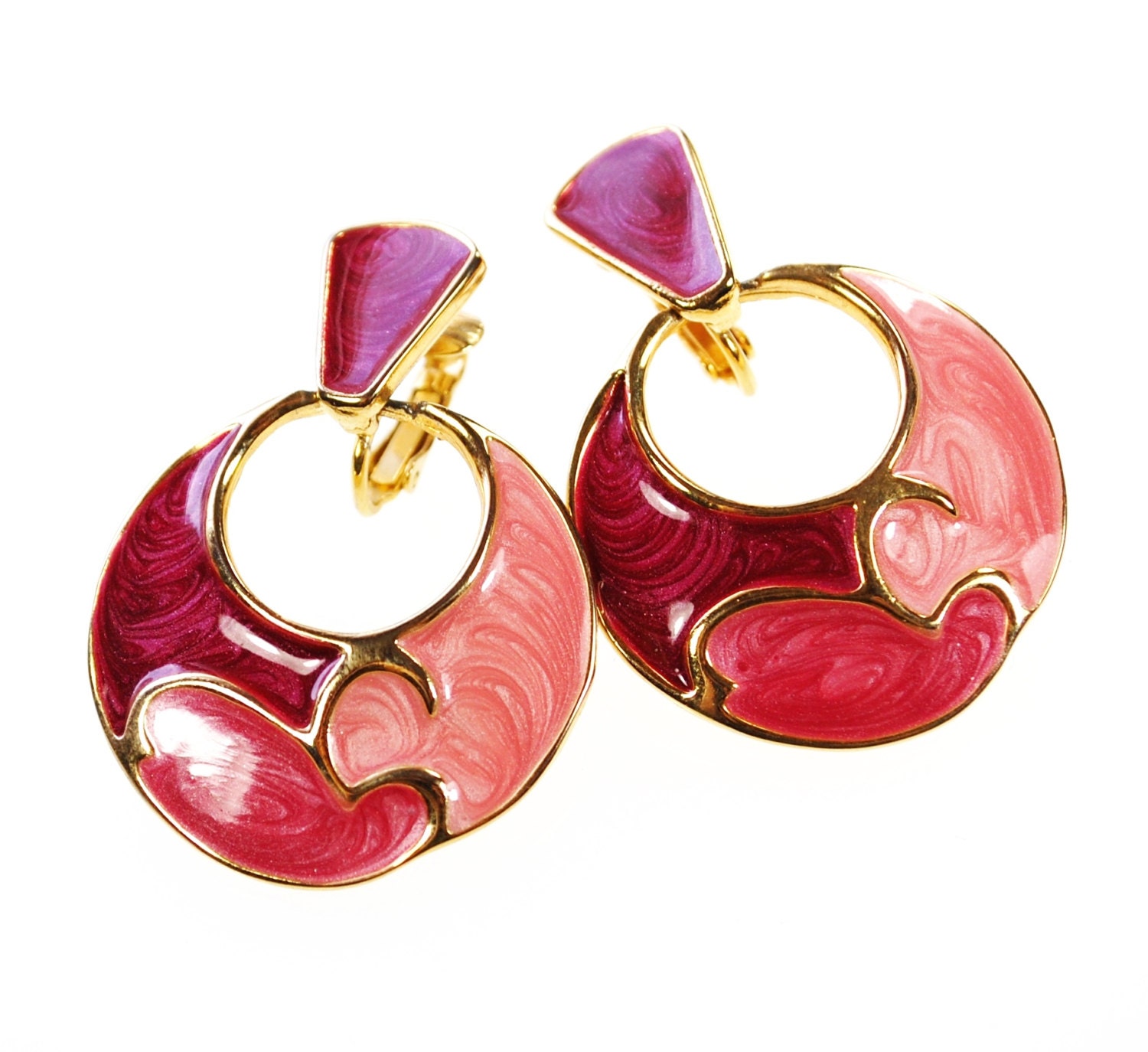 Vintage Big 80s Earrings Pink Cloisonne Enamel by