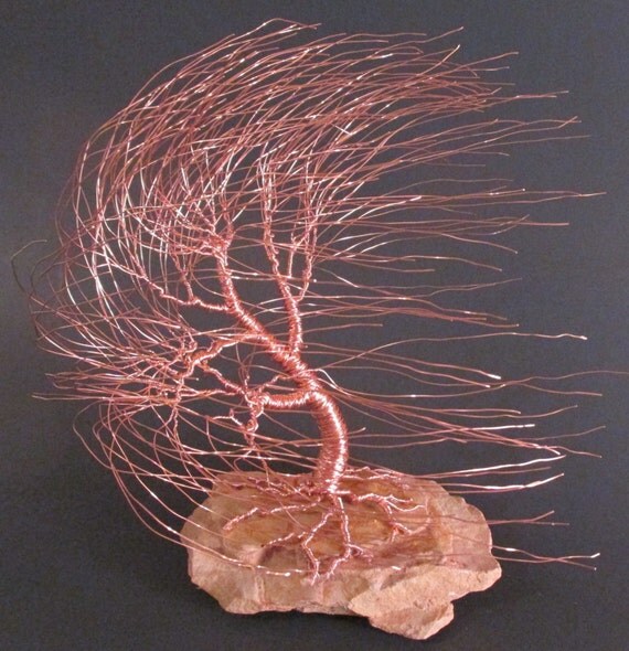 Copper Wire Tree Sculpture of Windswept by FeathersOfTheForest