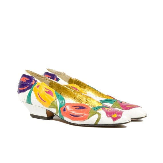 Women's ZALO Kitten Heel Flats White Leather Spring Floral Outlay Shoe